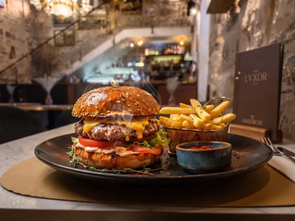 Naš prepoznatljivi Lvxor Burger s pomfritom na Peristilu, Café & Restaurant Lvxor Split