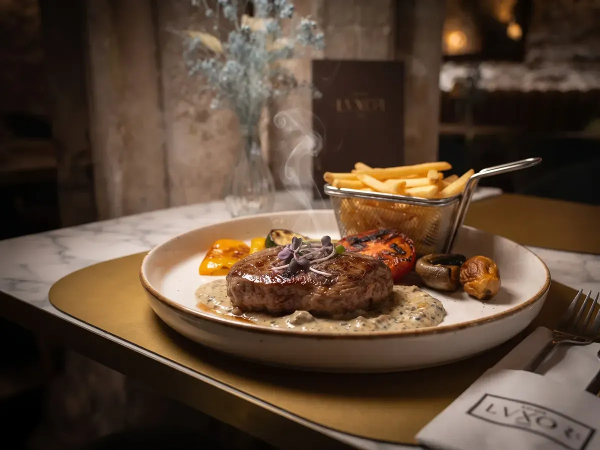 Vrhunski biftek s pločkama krumpira na Peristilu, Café & Restaurant Lvxor Split